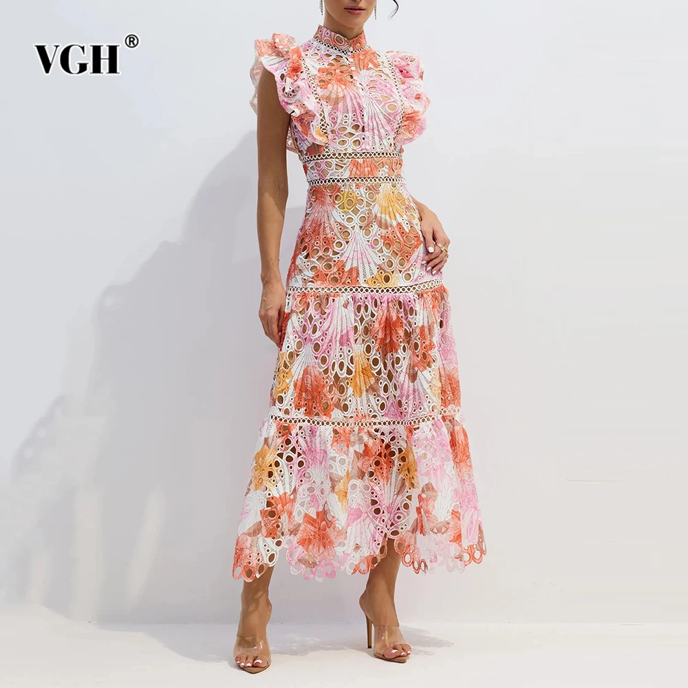 

VGH Slimming Hollow Out Printing Folds Dresses For Women Stand Collar Sleeveless High Waist Elegant Dress Female Fashion Style