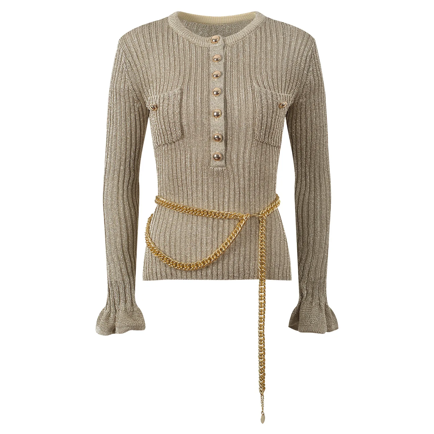 

2025 Women's Round Neck Long Sleeve Knitted Sweater Slim Fit Gold Fashion Ladies Top