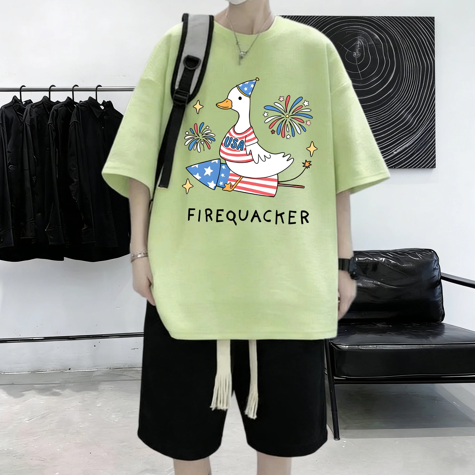 Usa'S Big Goose On A Rocket Pattern Cotton Basics Summer Short Sleeve Commute Man Loose Youth T Shirt Comfy All-Match Tops
