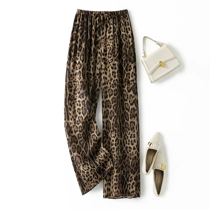 100% Mulberry Silk Crepe Silk Women Pants Brown Leopards Printed Elastic Waist Wide Leg Long Trousers with Pockets FF069