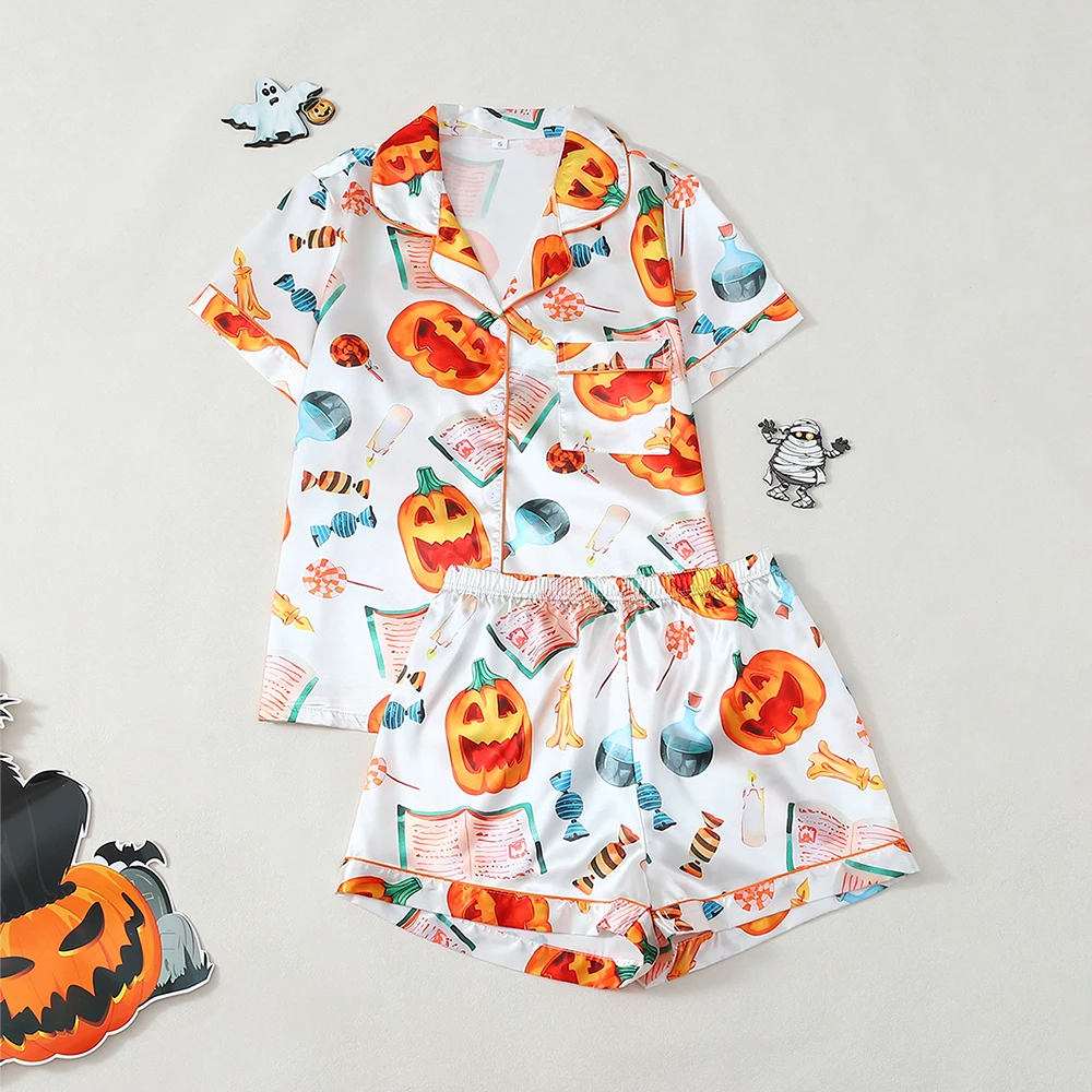 

2 шт., пижамы на Хэллоуин с рисунком тыквы для девочек, праздничная одежда для сна, удобные дышащие шорты с короткими рукавами, комплект женской одежды для сна