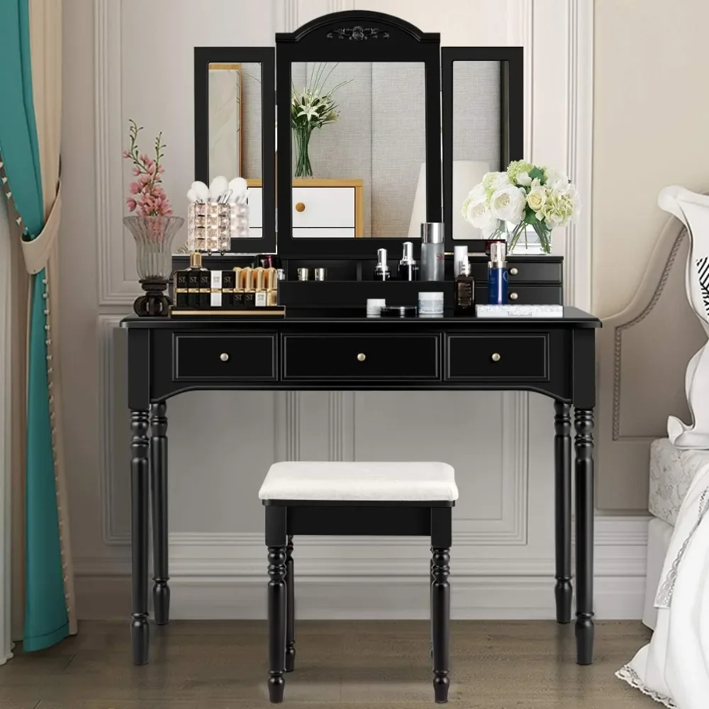 Makeup Vanity Table Set w/ 7 Drawers, Removable Tri-Folding Mirror w/ 8Jewelry Necklace Hooks,Dressing Table w/Open Storage Box