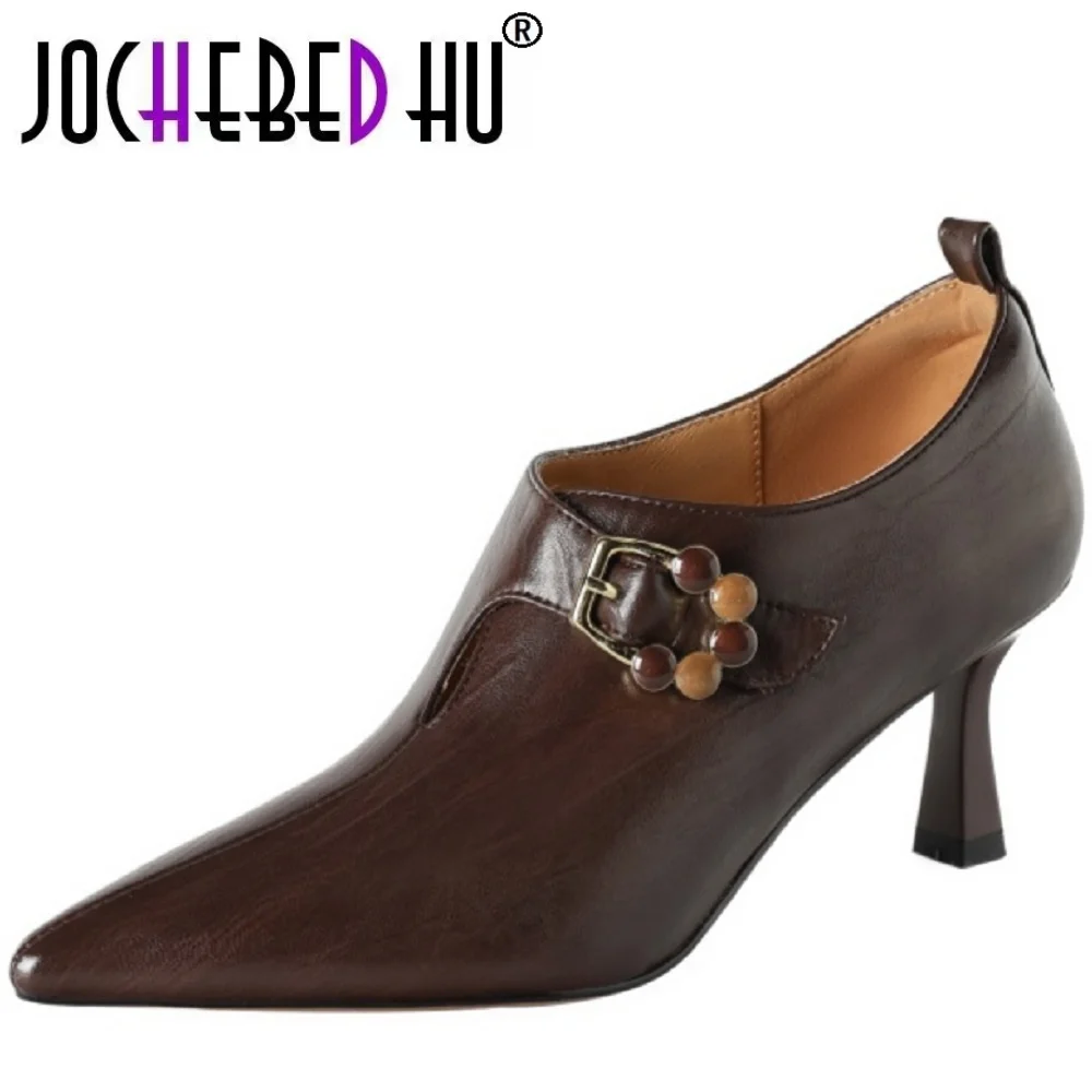 【JOCHEBED HU】Handmade Genuine Leather Soft and comfortable Deep Surface Hollow out High Heel  oes Women Belt 34-40