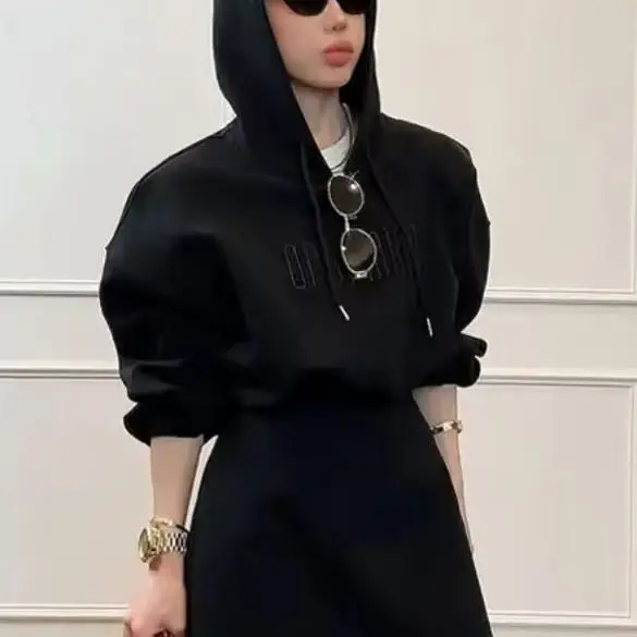 Letter Embroidered Hooded Sweatshirt Dress Women Spring Autumn New Korean Waist Slimming Design Niche Long-Sleeved Short Skirt