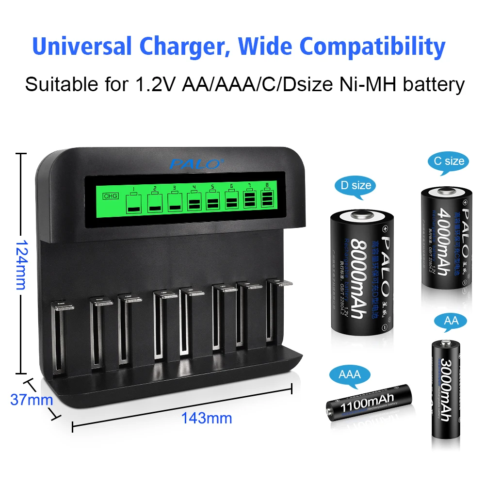 PALO 8 Slots LCD USD Charger for 1.2V AA AAA C D Size NIMH Rechargeable Battery LR3  LR6 LR14 LR20 Battery Smart Fast charger