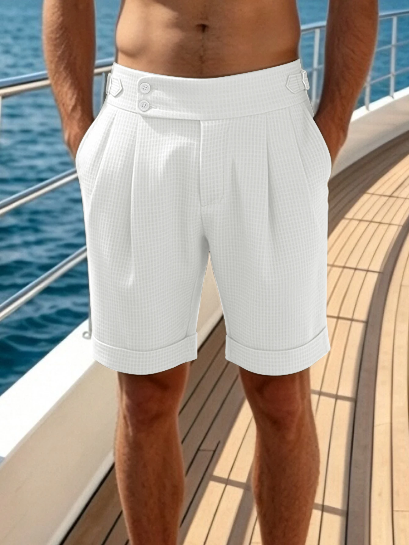 

Mens Double Button Gurkha Dress Shorts Waffle Textured Cuffed Knee Length Casual Short Pants S-XXL