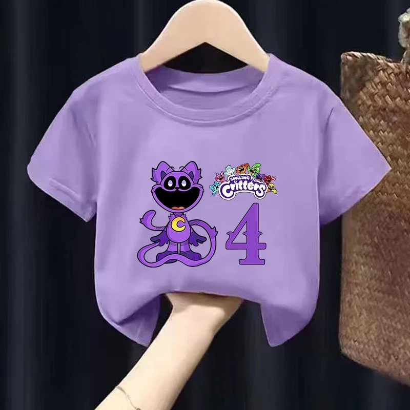 Smilings Critters Birthday T-shirts for Children Purple Game Figures Number Short Sleeve Top Summer Boy Girl Korean Clothes Gift
