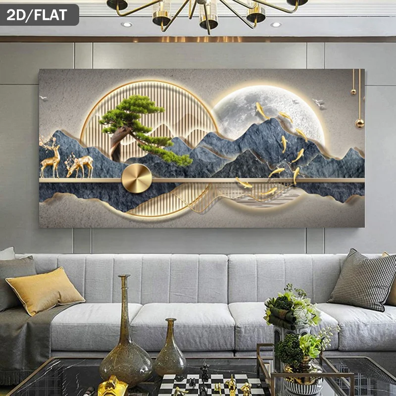 

2D Flat, Frameless Elegant Landscape Canvas Art Featuring Deer and The Moon, for Modern Wall Decor in Living Rooms and Bedrooms