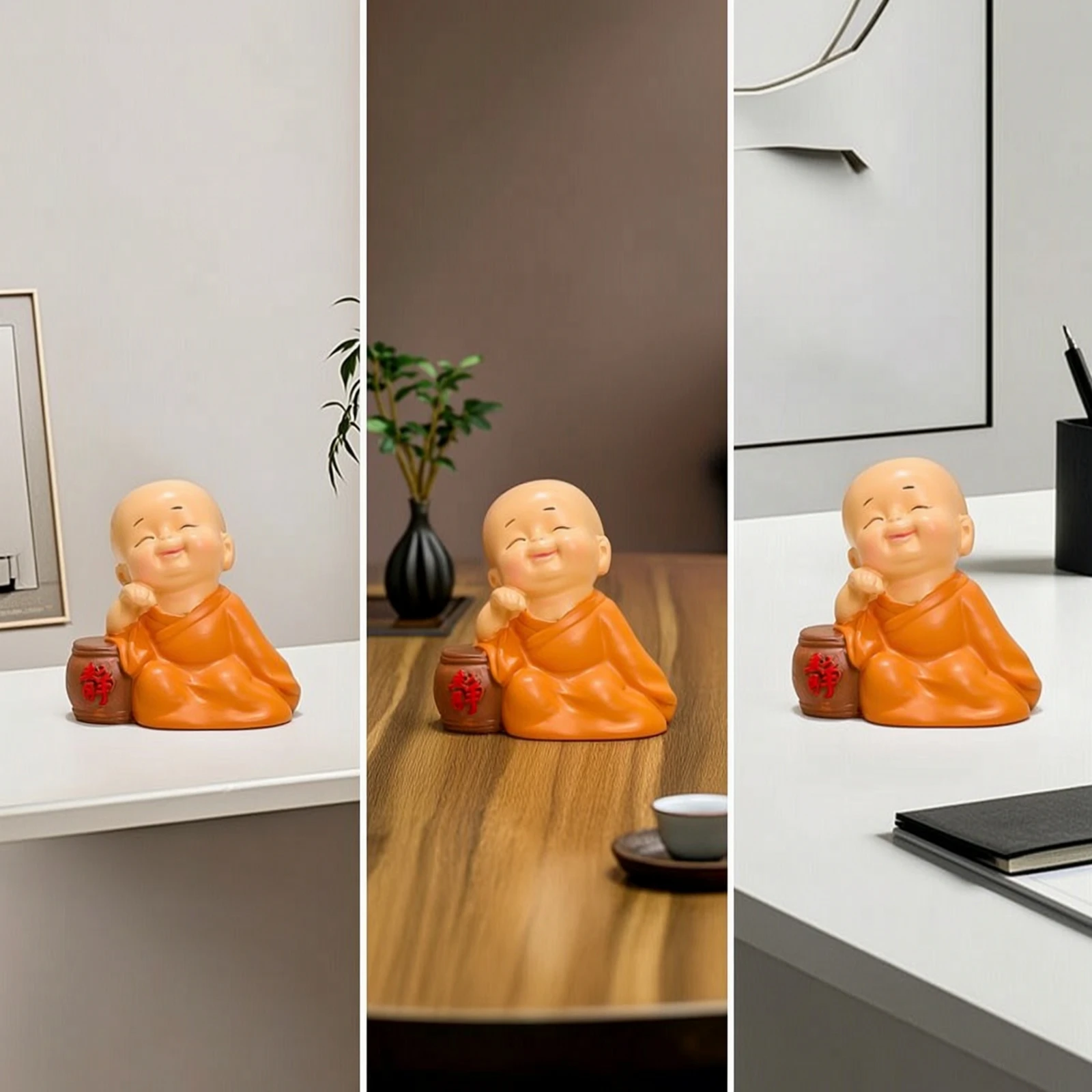 Resin Monk Figurine Miniature Smiling Monk Figurine Small Tiny for Meditators, Office Desk, Meditation Corner