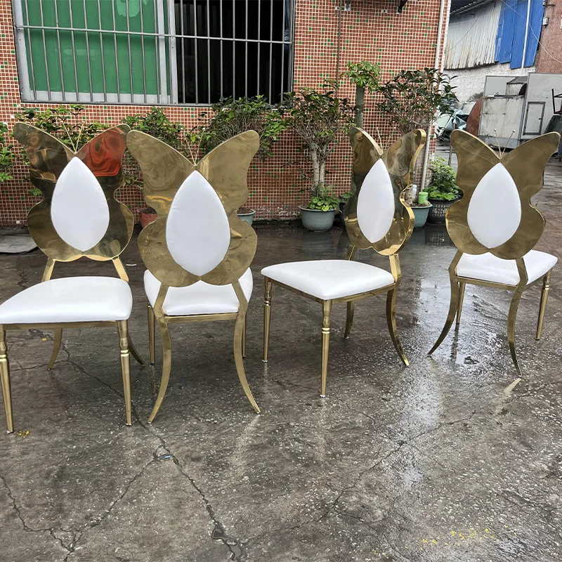Golden Butterfly Back Stainless Steel White PU Leather Wedding Banquet Chair