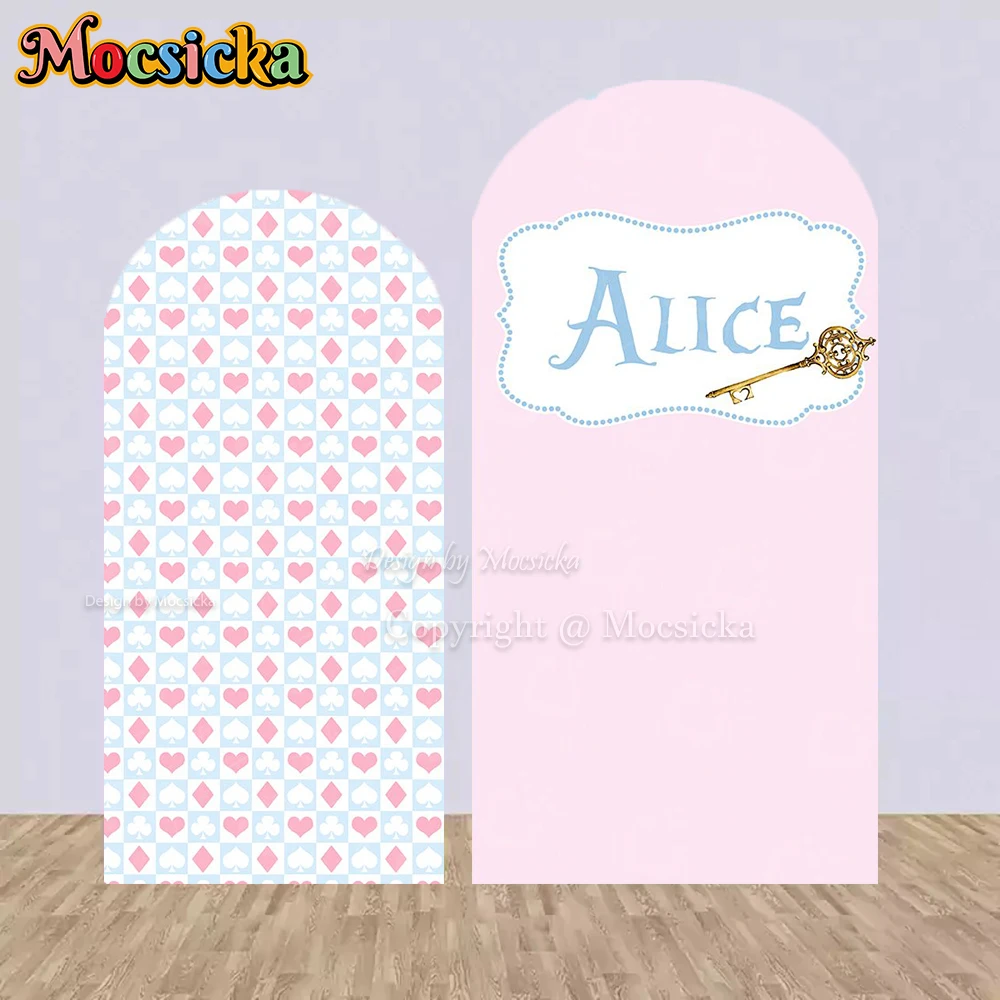Mocsicka Alice Girl Birthday Party Arch Cover Backdrop Photography Pink Poker Wall Magic Key Backdrop Kids Birthday Photozone