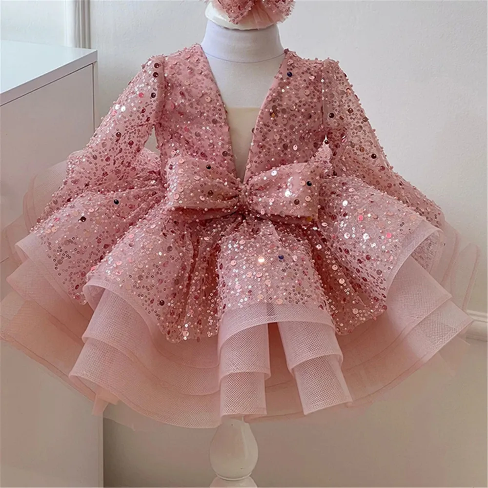 Vestidos de menina de flor de lantejoulas para casamento, vestidos brilhantes para concurso, vestido de baile, vestido de princesa infantil