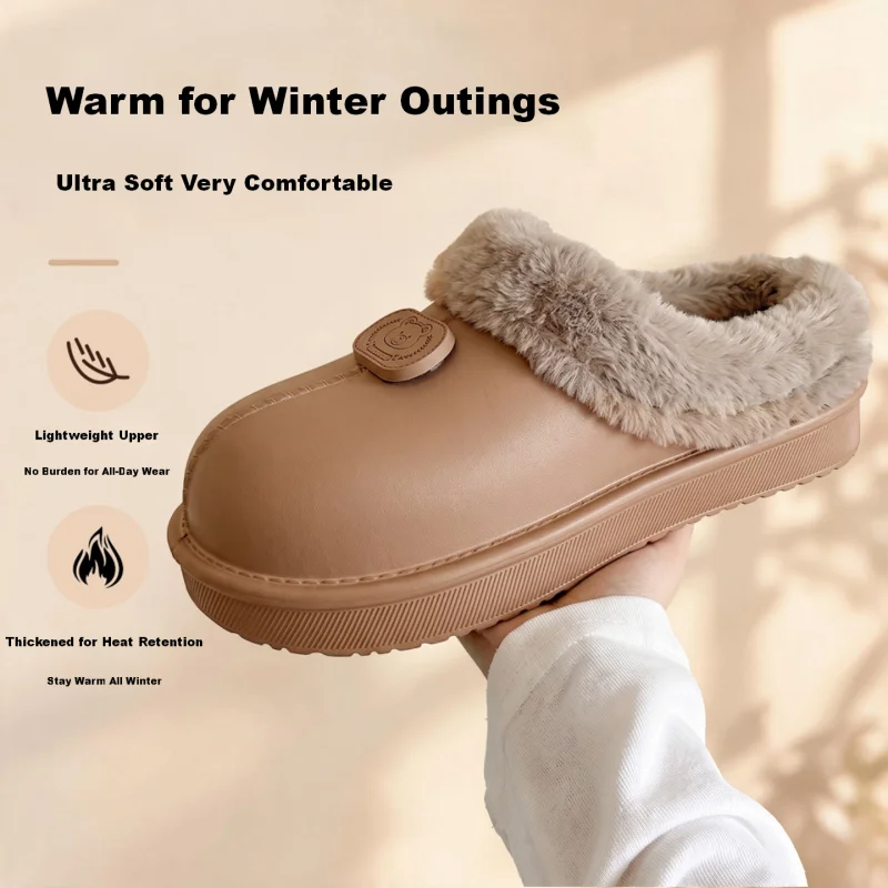 Men's Plush Cotton Slippers with Furry Collar Soft Thick Sole Water-Resistant Upper Super Warm Indoor Outdoor Winter Slippers