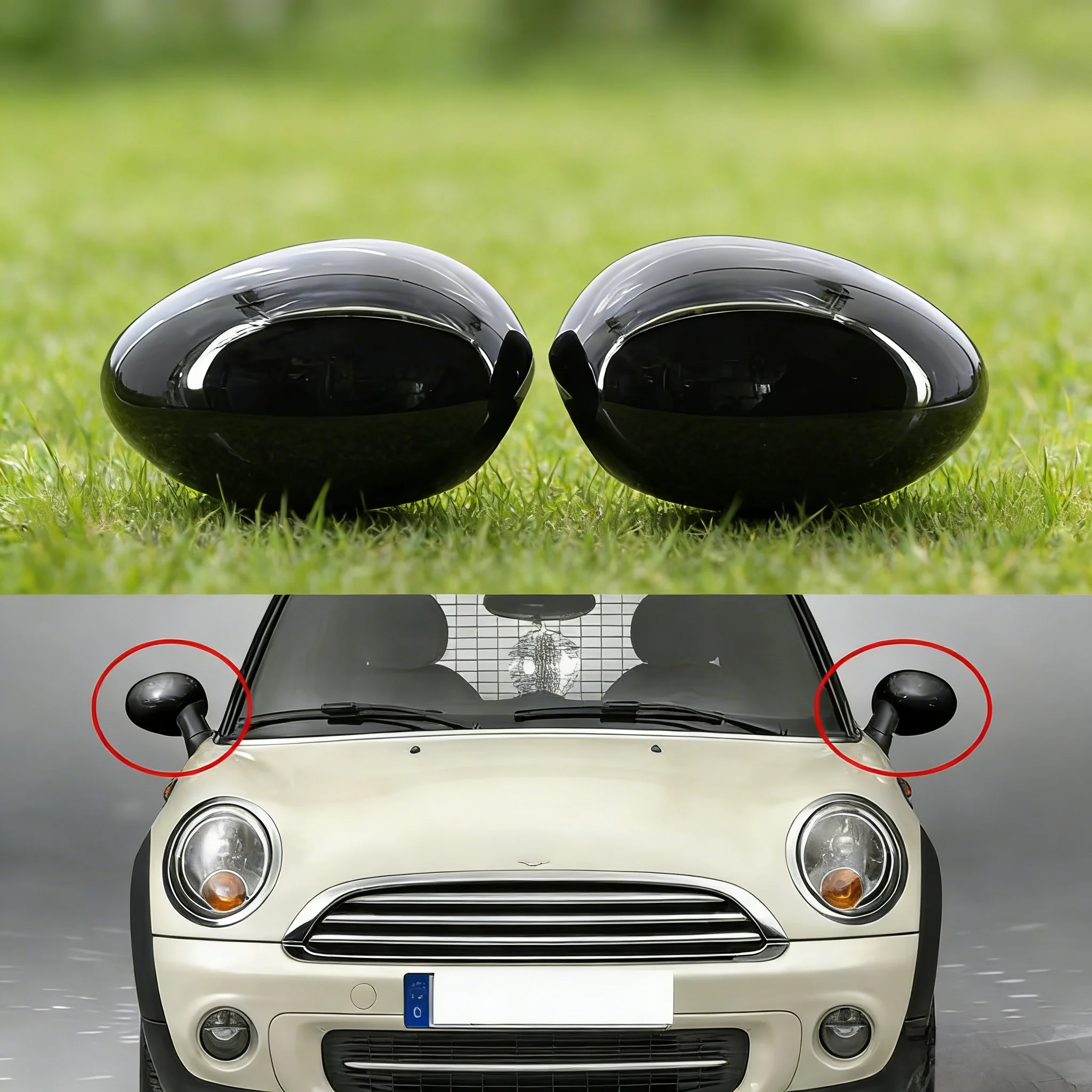 

Комплект (2 шт.) накладок на боковые зеркала заднего вида, глянцевые черные, левая и правая, для Mini R55 R56 R57 R58 R59 R60 R61, крепление на клипсах