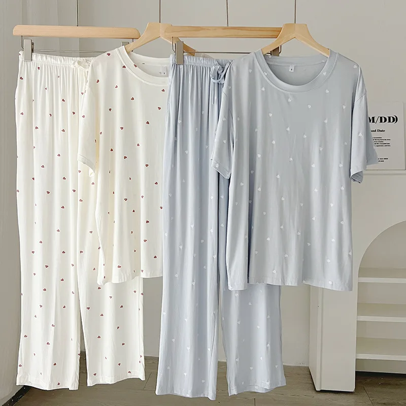 

Women's Heart Print Pajamas Pijama Nighty Summer Short Sleeve Sleepwear Pyjamas Femmes Loose Loungewear Sets Soft Nightwear
