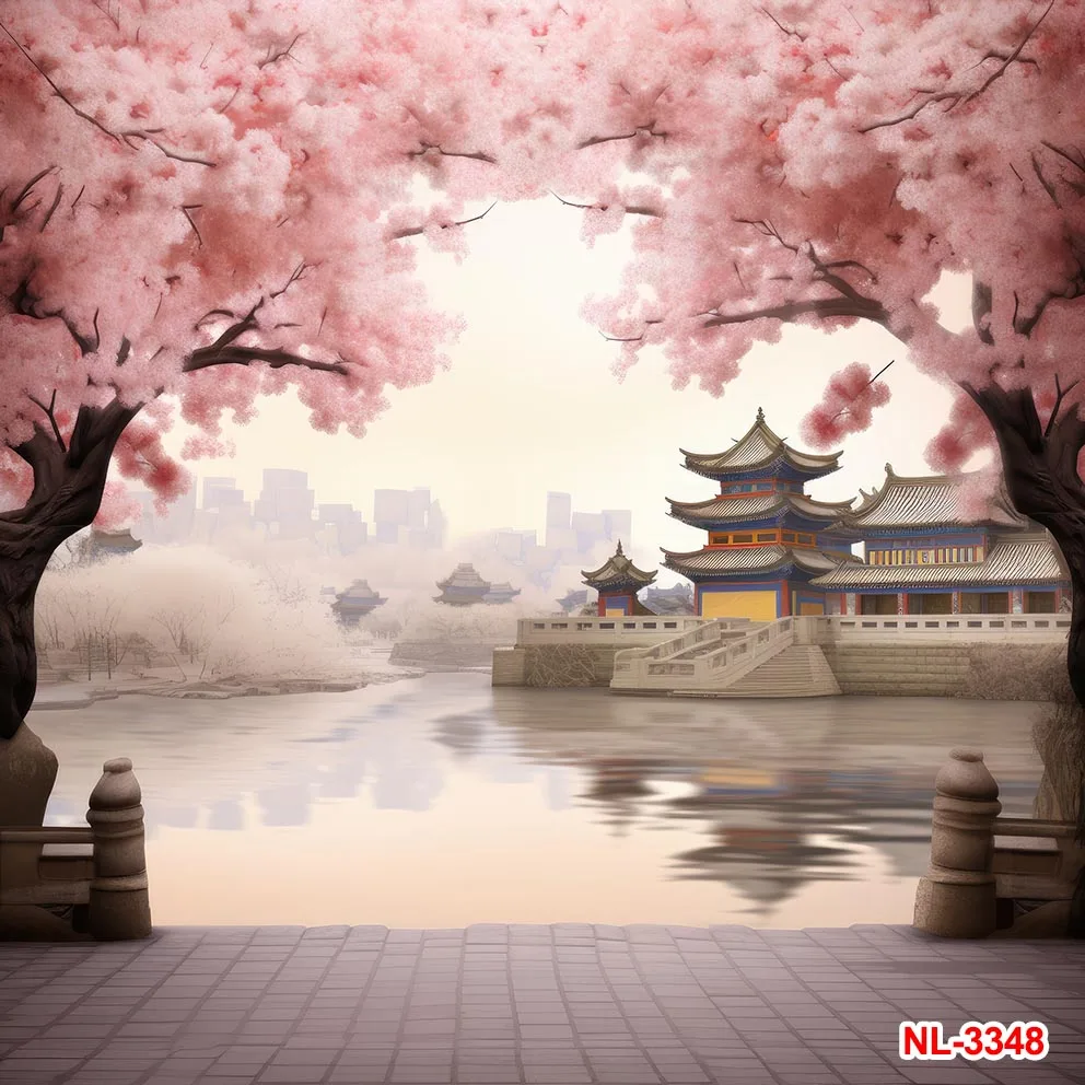 Japanese Style Photographic Backdrops Pink Cherry Blossom Tree Sakura Mount Fuji Traditional Attic Room Decoration Backgrounds