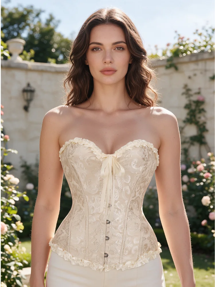 Damen-Bustier-Korsett im viktorianisch-gothischen Stil mit Jacquard-Vorderseite und Busk, Taillenformer für Halloween-Partys – Detail 10