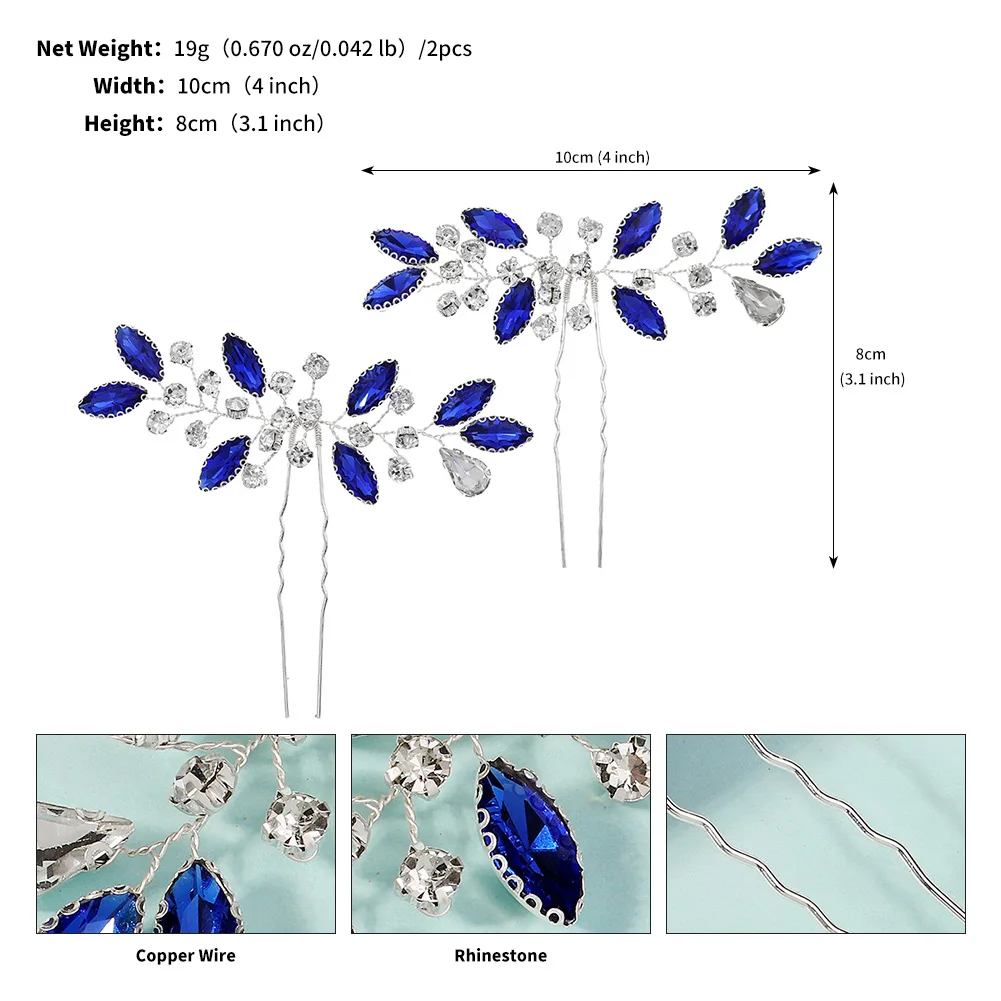 2PK/Set Romantic Blue Handmade Hairpin Luxury Rhinestone Unique Women's Hair Accessory Wedding Bridal Headwear image 6