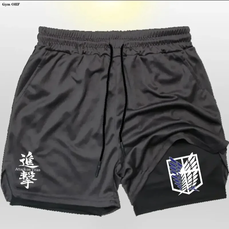 

2025 Attack Giant Anime Printed Men's Shorts Double Layer 2-in-1 Sports Fitness Casual Shorts