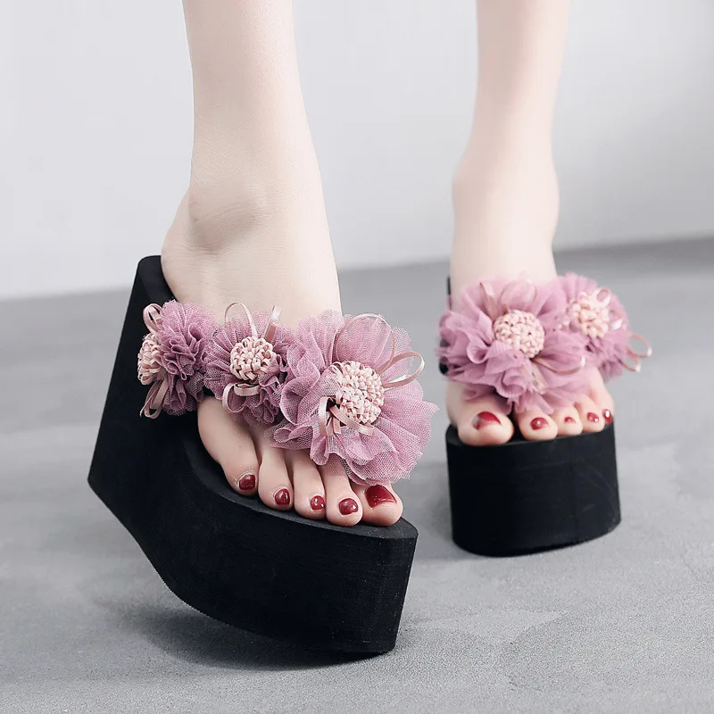 2024 New High-heeled Flip-flops Women\'s Summer Non-slip Beach Slippers Wedges Sweet Lace Flowers Ladies Vacation Beach Shoes