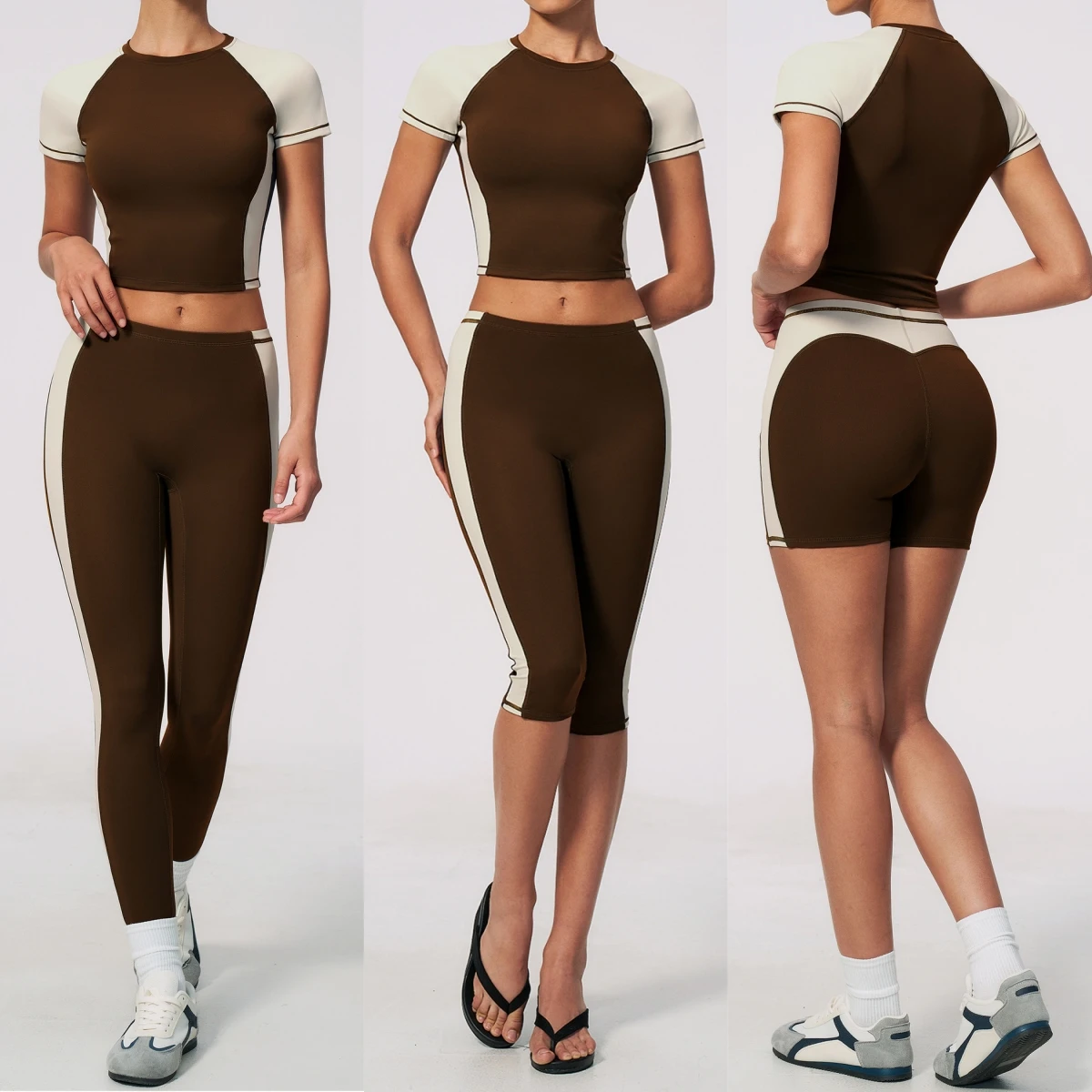 Women Color Block Workout Sets Raglan Short Sleeve Crop Top High Waist Leggings Shorts Capris Yoga Set Gym Tennis Sports Outfit