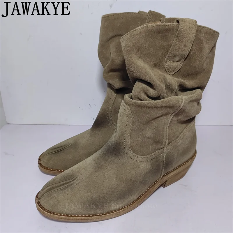 JAWAKYE Classic Split toe Old Cowboy Knight Boots Women Suede Leather Low Heel Short Boots Simple Fashion Chelsea Boots Woman