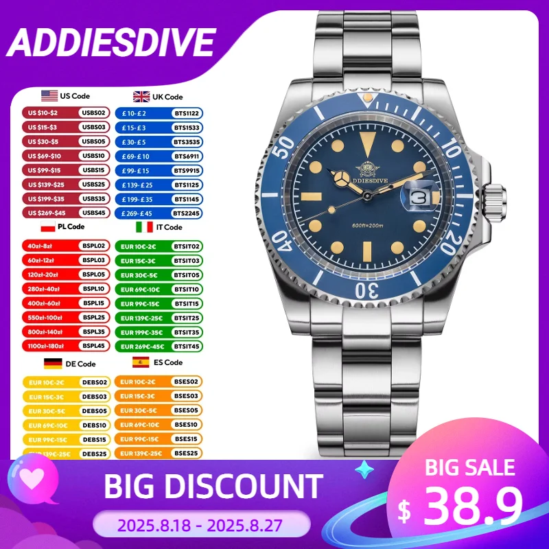 ADDIESDIVE AD2054 Quartz Wristwatch For Men Stainless Steel Ceramic Bezel Business Watch Super Luminous 200M Waterproof Watches