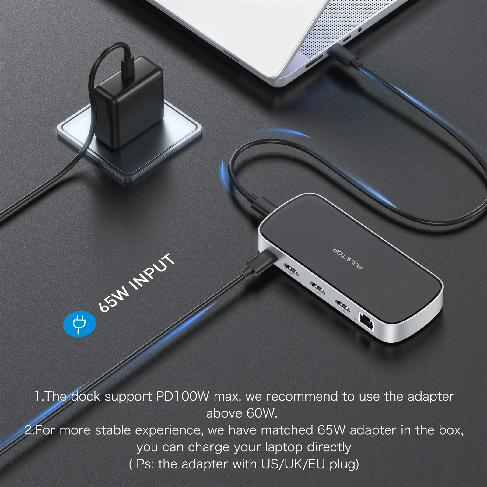 PULWTOP Triple Display USB C Docking Station With 65W Power Adapter, Docking Station for Macbook M1/M2/M3/M4/M5 macOS/Windows