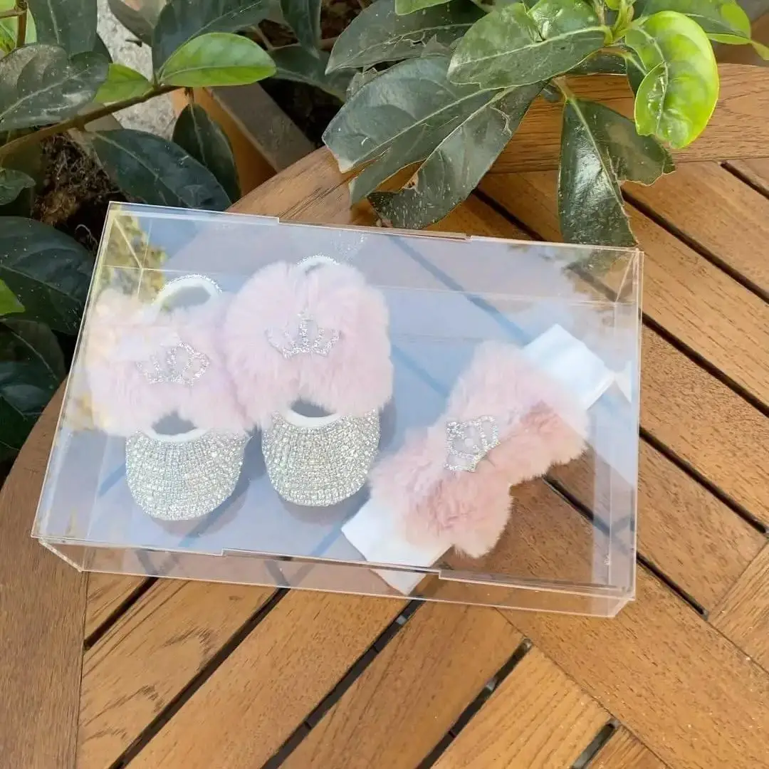 Dollbling Fur bow Personalized Newborn Baby Shoes Luxury Baby Gift Christmas Booties Baby Shower Gift Crystal Shoes Headband