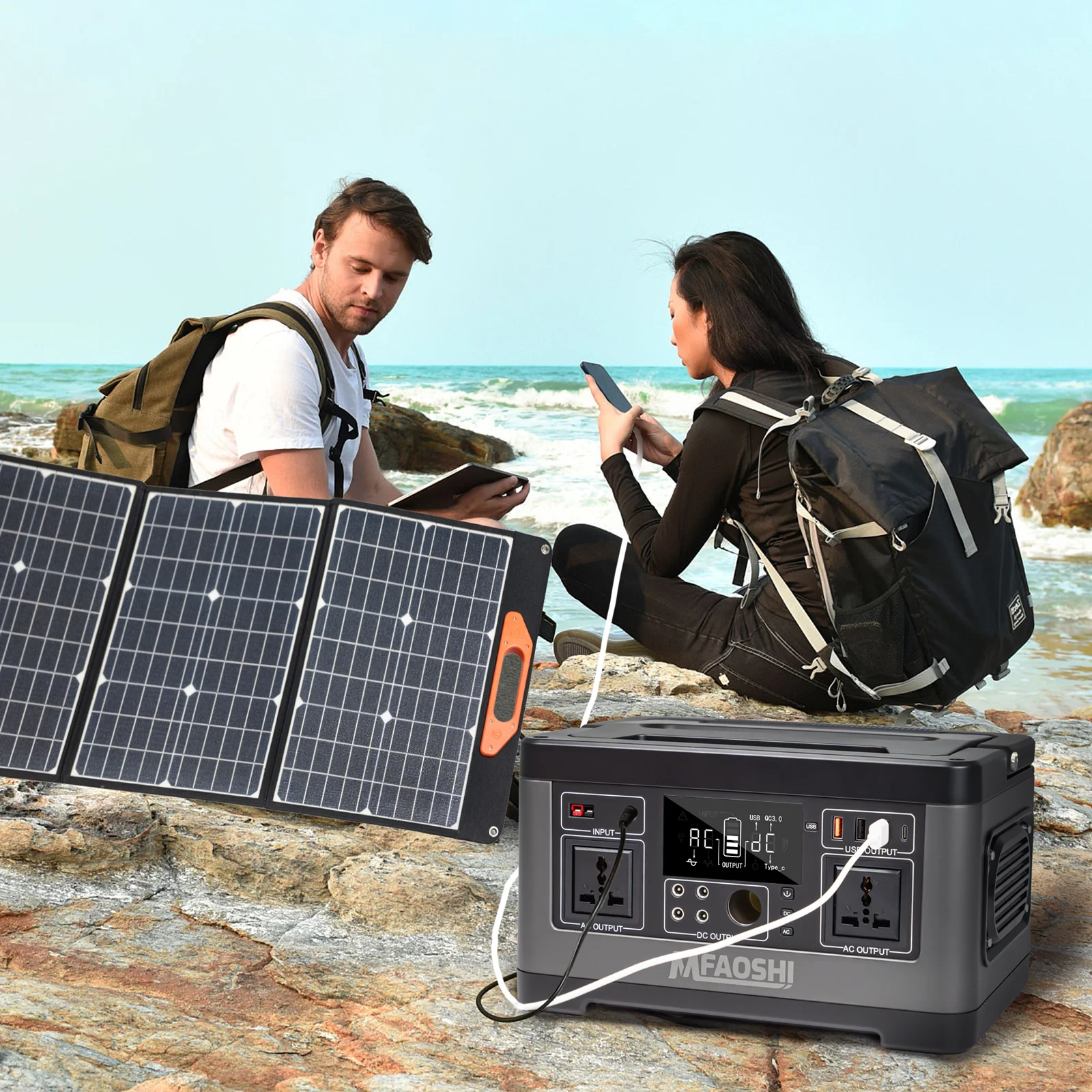 MFAOSHI 500W 520Wh Portable Power Station with AC 110V, 3-Port 12V DC Dual USB Sockets for CPAP Home Camping Emergency Backup.