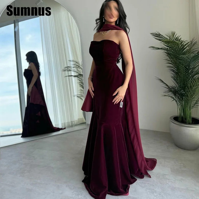 

SUMNUS Velour Burgundy Evening Prom Gowns Sleeveless Mermaid Floor Length Strapless Party Dress Gowns Customized