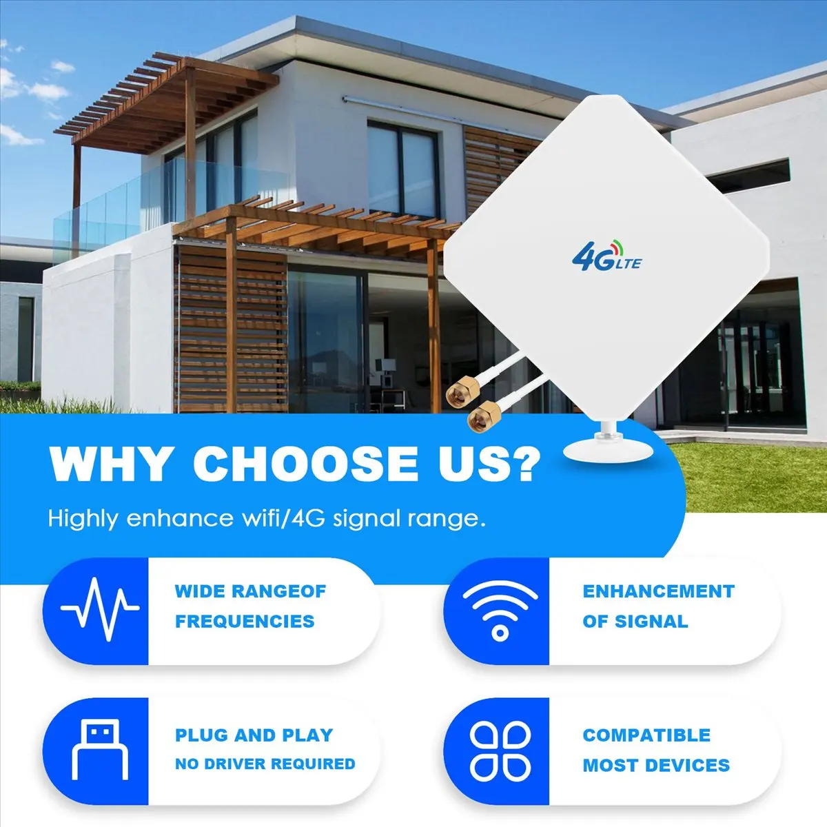 (DT93) Antena Wifi MIMO Direccional de Banda Ancha para Exteriores de Alta Ganancia 3G 4G LTE de 35DBi, 2 Metros, Cable RG174 para Router, SMA