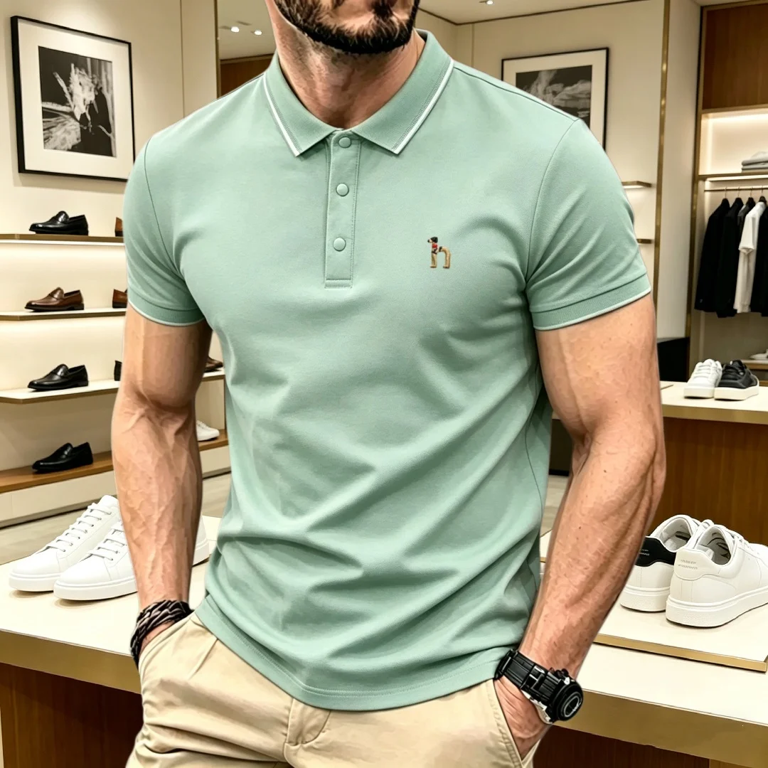 

Элитная мужская хлопковая футболка-поло с коротким рукавом, летняя модная люксовая полосатая модель с вышивкой собаки, для гольфа, повседневная футболка