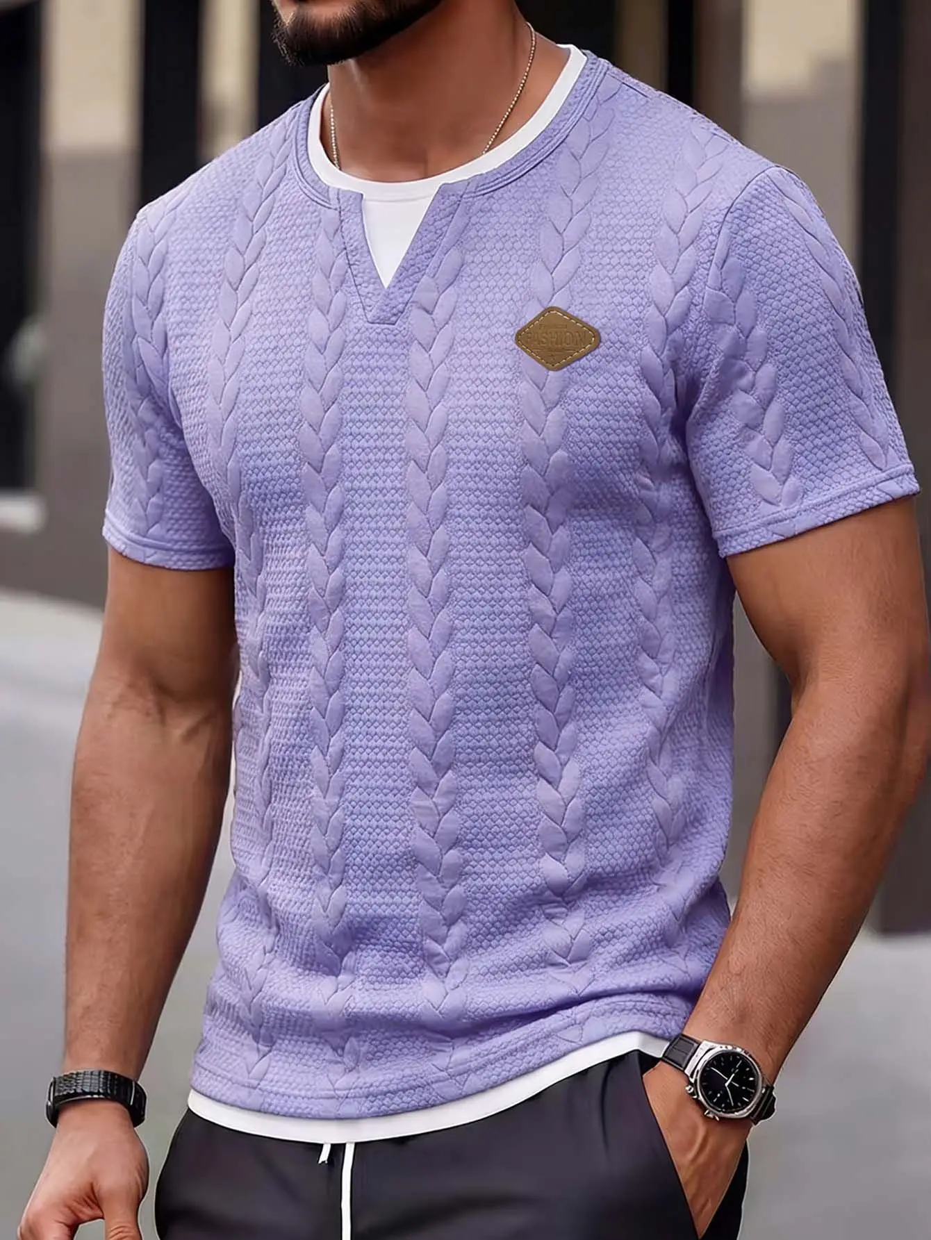 

Men's summer twisted weave short-sleeved casual V-neck pullover, Korean-style fashionable, slimming and flattering, suitable