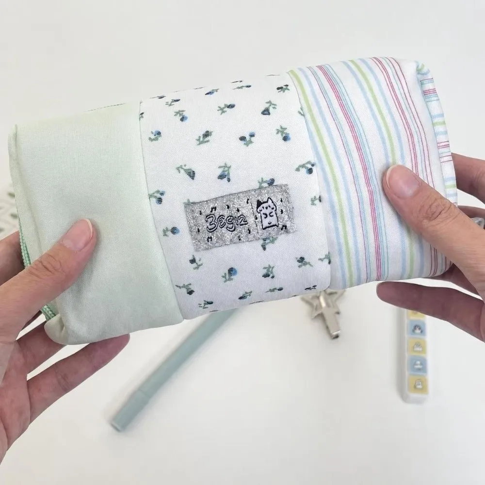 Korean Style Patchwork Pencil Case Floral Plaid Splicing Large Capacity Pen Bag Pencil Pouch Gift