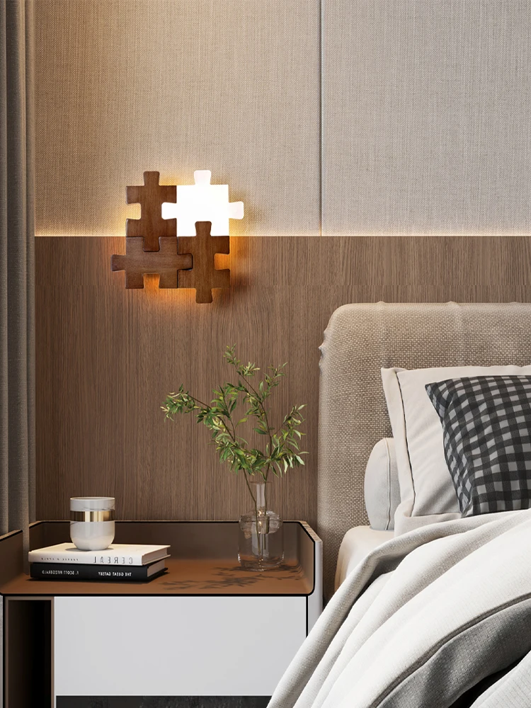 Building block wall lamp bedroom bedside light modern simple entryway aisle light creative walnut wood personality LED light