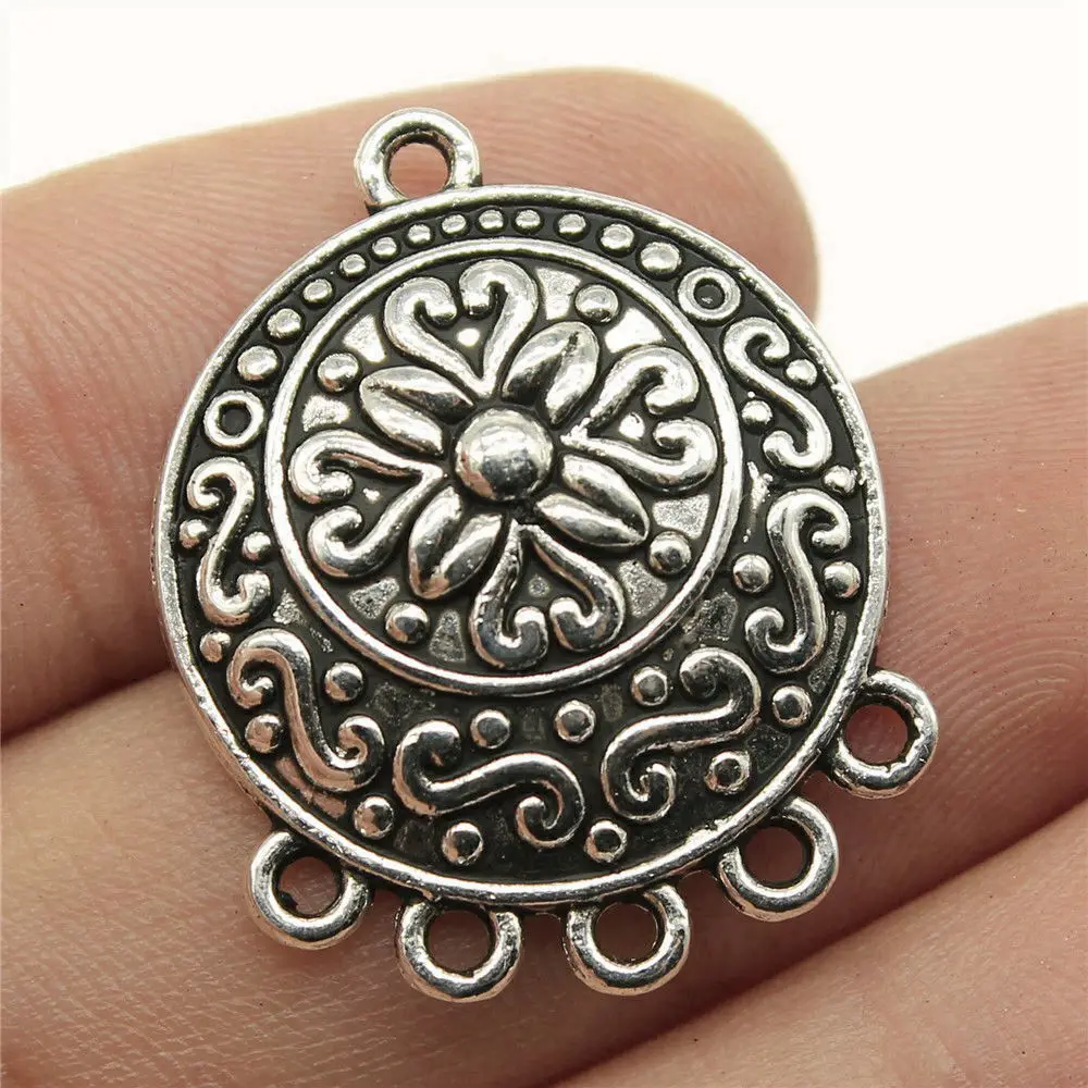 Connecteur de boucle d'oreille fleur sculptée ronde, breloques pour bijoux, pendentif exécutif, lot de 4 pièces