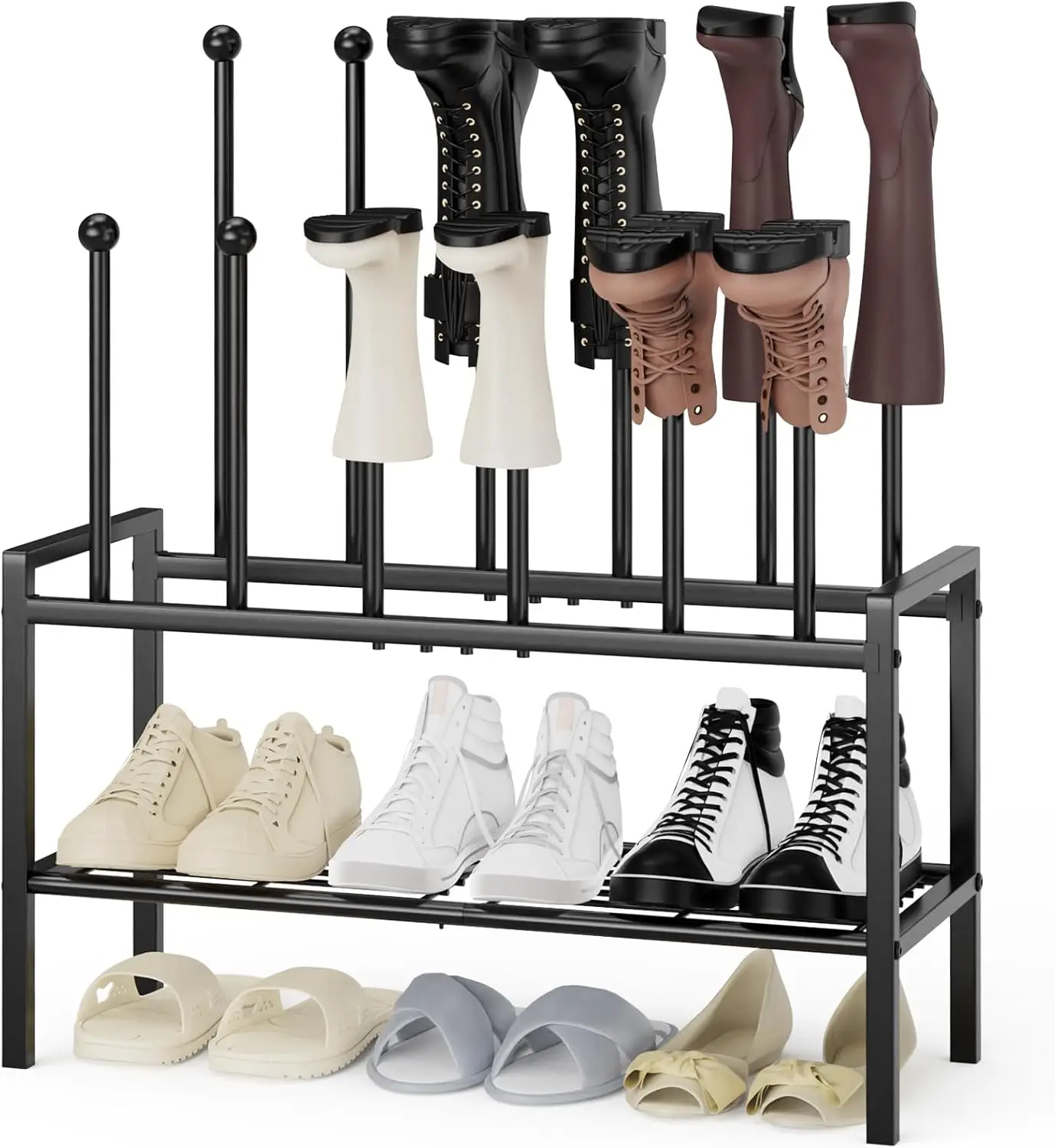 

Tall Boot Shoe Rack, 12-Post Metal Storage Organizer, Holds 6 Pairs, Black