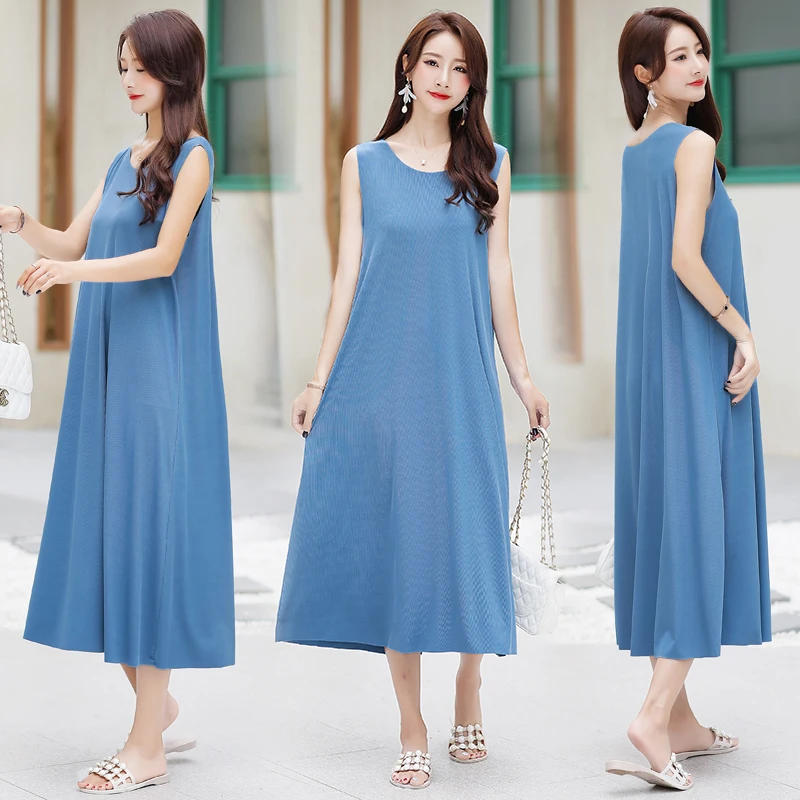 2023 New Summer Sleeveless Dress Women Casual Streetwear Vintage Ladies Long Dress Elegant Loose Women Dress Vestidos