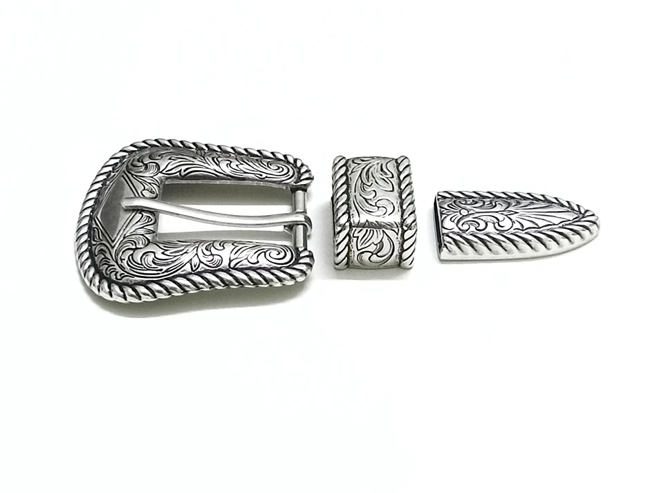 American floral pattern, vintage silver three-piece high-end belt buckle, 25mm, unisex, with a perforated pin buckle