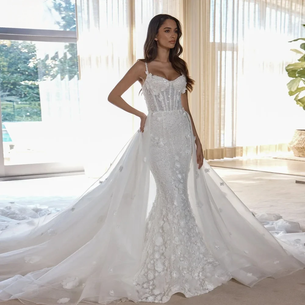 Mermaid Sexy Wedding Dresses Sweetheart Vestido De Novia Lace 3D Flowers Detachable Train Vintage Custom Made Bridal Gown