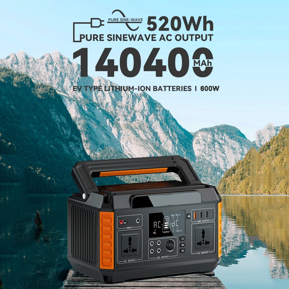 Rated Power 600W 140400mAh/520Wh Portable Solar Power Station Generator With Lithium Ion Battery AC 110V/220V/230V USB DC Type-C