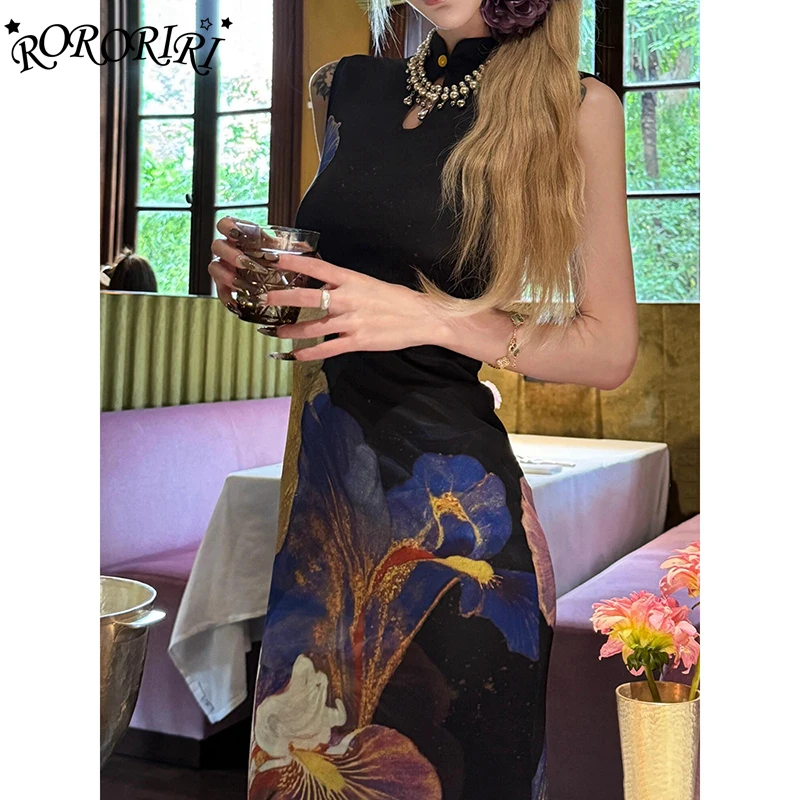 

RORORIRI Pretty Floral Black Tank Dress Summer Mesh Hollow Sleeveless Flattering Midi Long Qipao Dress Gothic Women Dark Clothes