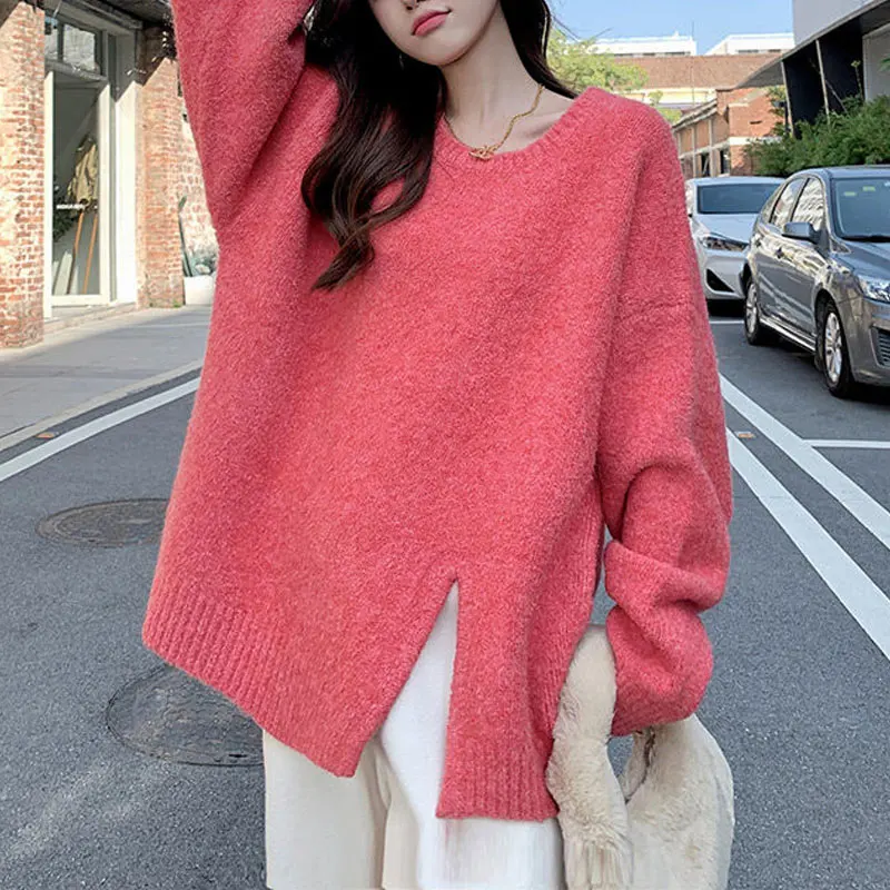 Casual Solid Color Knitted Jumpers Women's Clothing O-Neck Autumn Winter Long Sleeve Commute Korean Loose Stylish Split Sweaters