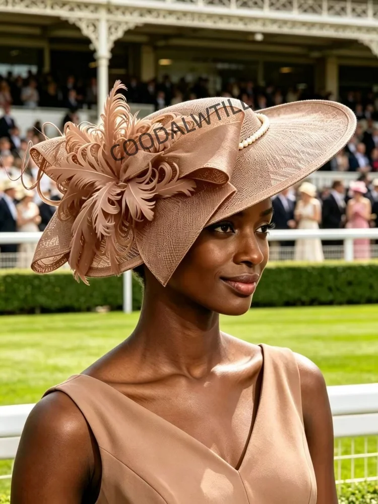 Hot Pink Large Fascinator Hat Women Feather Pearl Decor Royal Ascot Horse Race Derby Wedding Church Cocktail Party Millinery view 3