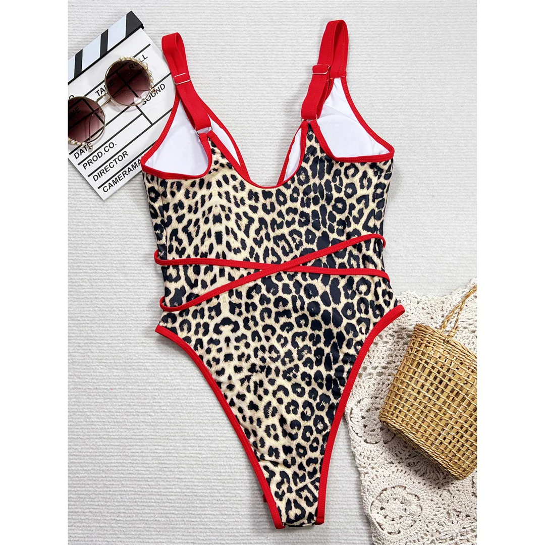 Umlege-Badeanzug mit Leopardenmuster und tiefem V-Ausschnitt für Damen, einteiliger Badeanzug, Monokini mit hohem Beinausschnitt, Badebekleidung, Badeanzug, Modell V6804. – Detail 10