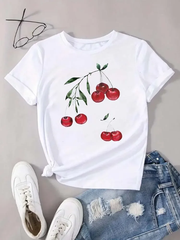 Damska koszulka z nadrukiem wiśni, krótki rękaw, okrągły dekolt, casualowa bluzka, odzież wiosenno-letnia, odzież damska, casualowa bluzka.