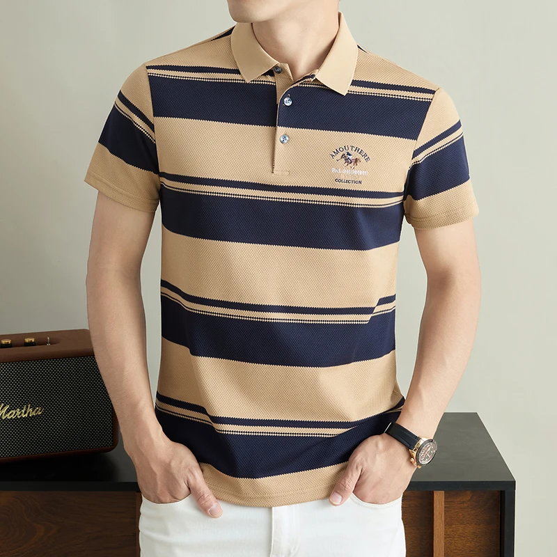 Luxuriöses Sommer-Herren-Poloshirt mit Kurzen Ärmeln, Kragen und Knöpfen, Hochwertige Stickerei, Modische Streifen, Atmungsaktive Herrenkleidung – Detail 14