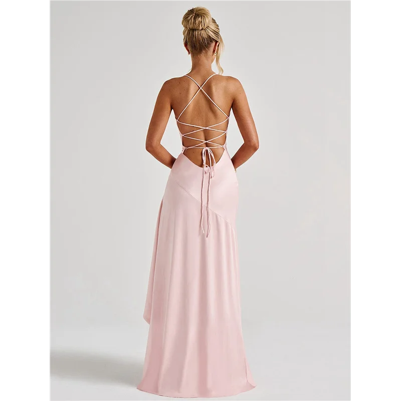 AOAO- فستان كوكتيل نسائي برقبة على شكل حرف V بدون أكمام من الساتان بحاشية مكشكشة ضيقة وطويلة غير رسمية مفتوحة من الخلف بفتحة عالية