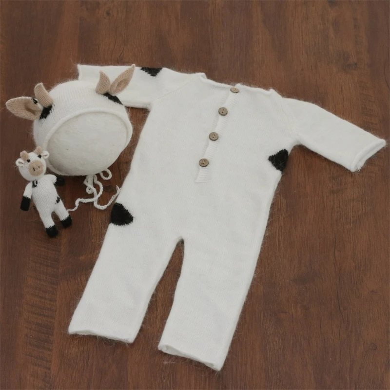 

3 Pcs Baby Knitting Cow Hat Animal for Doll Romper Set Handmade Crochet Mohair Bodysuit Newborn Photography Props